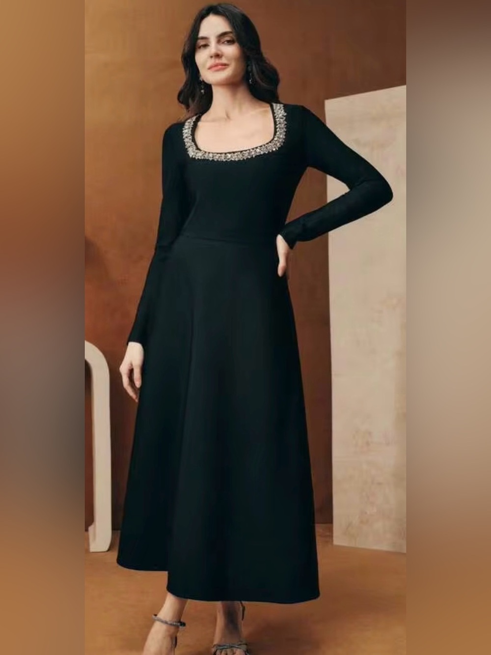 Anewsta Black Bandage Ribbed Elegant Long Sleeve A-Line Dress w/ Rhinestones